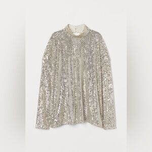 H&M | NWOT L/XL SEQUINED TOP WITH HIGH MOCK COLLAR LONG SLEEVED SHEER BLOUSE